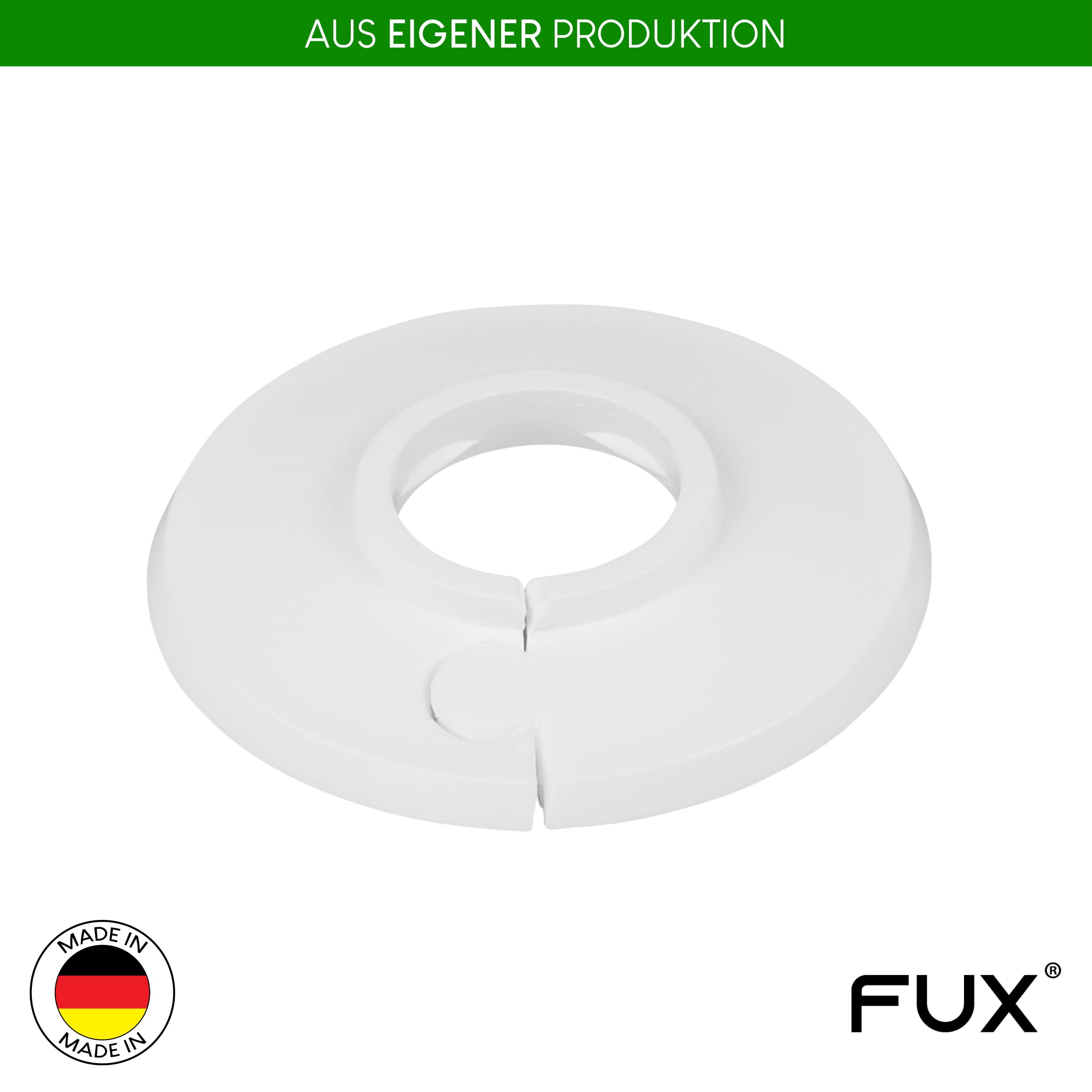 FUX 2 Stück Einzel Heizungsrohr Rosette, 8mm - 60,3mm, Heizung, Rohrabdeckung, Abdeckrosetten, Verkleidung, Heizkörper Rosetten, Polypropylen in Sonderfarben (25mm, RAL 9016)
