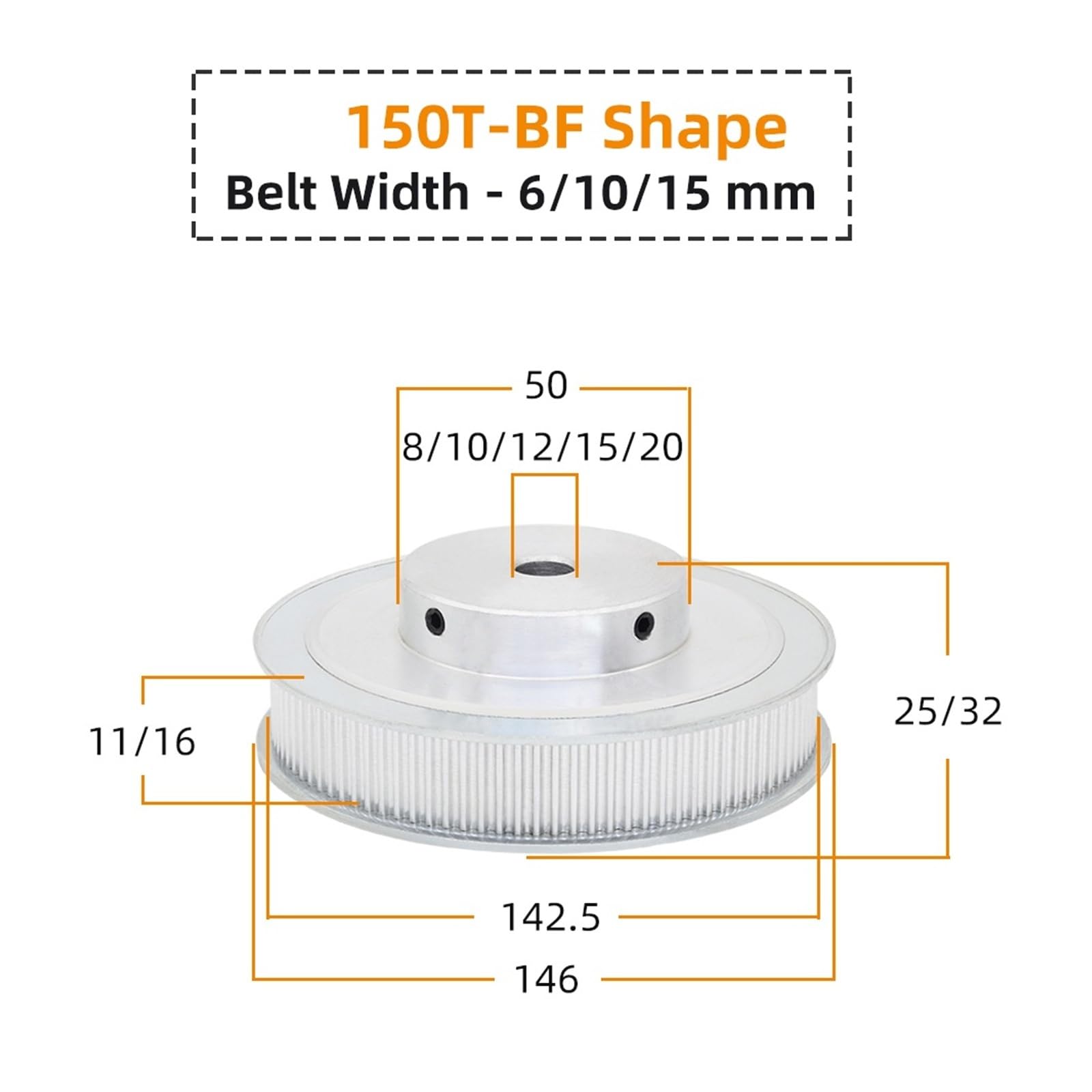 Polea de Motor eléctrico 150T, paso en forma de BF, ruedas de aleación de dientes de arco circular de 3,0mm, ancho de correa de 10/15mm, diámetro de 5-20mm, 150 dientes | 10 mm (BF Shape),Belt Width 15 mm