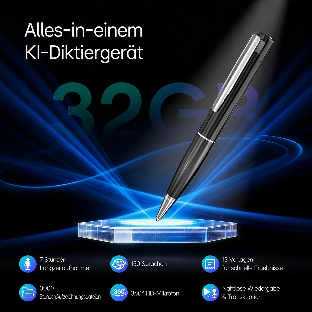 SKARA KI Diktiergerät mit Transkription, Mini Aufnahmegerät mit Spracherkennung & AI Zusammenfassung, Diktiergerät mit Schreibfunktion, 150 Sprachen, KI Notizen & Mind Maps für Studium und Meetings