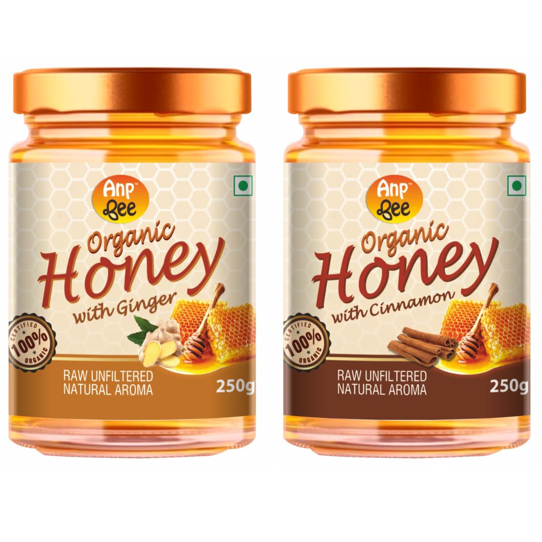 ANP BEE Raw Organic Ginger and Cinnamon Honey Combo Pack 250g Bottle I 100% Pure, NMR Tested, NPOP Certified Organic Honey I Helps in Boost Energy & Support Immunity I Unpasteurized Original Honey
