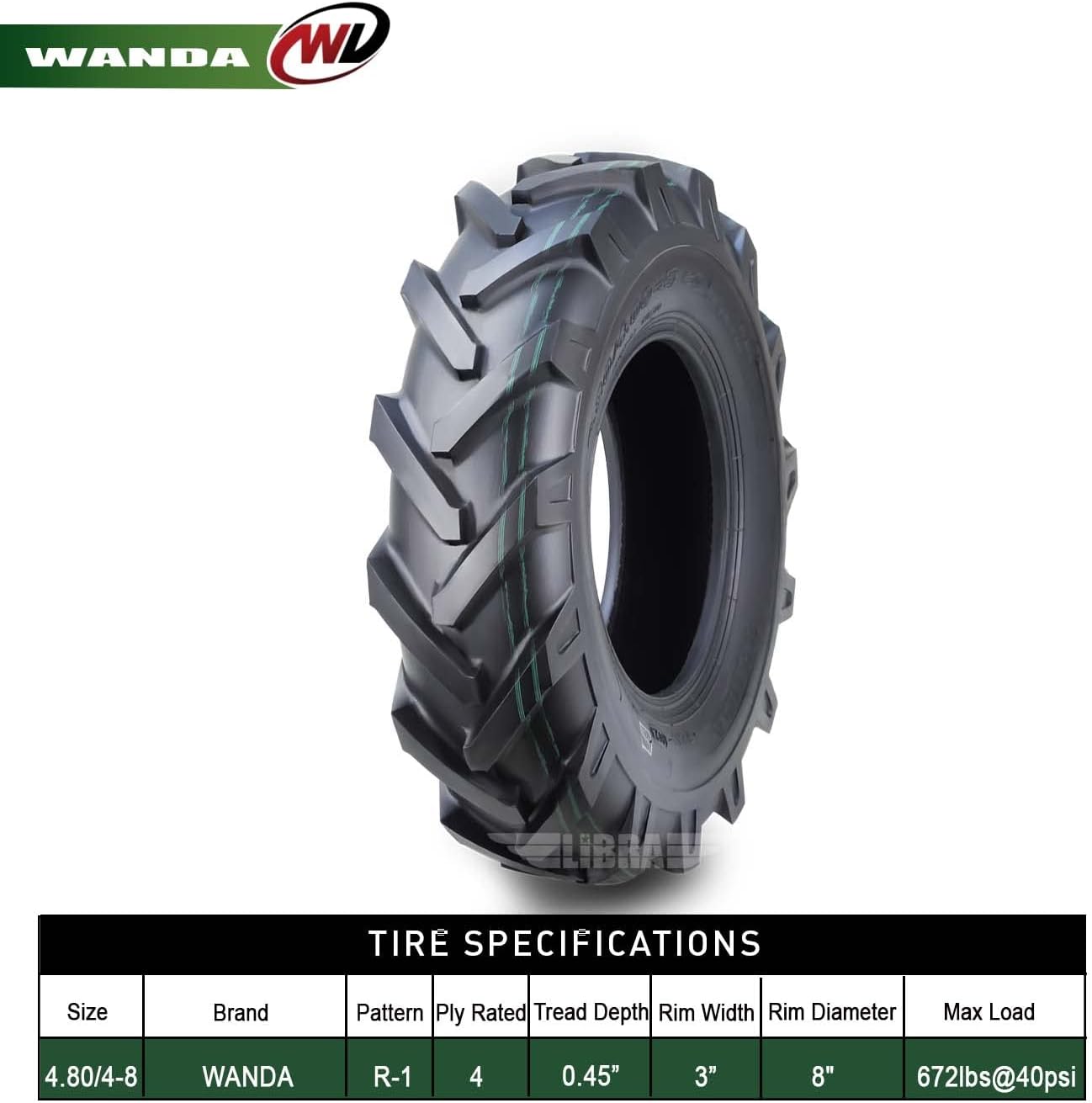 WANDA 4.80/4-8 Agricultural Farm Tractor Tire R-1 Pattern 4 Ply, Set 2-16013
