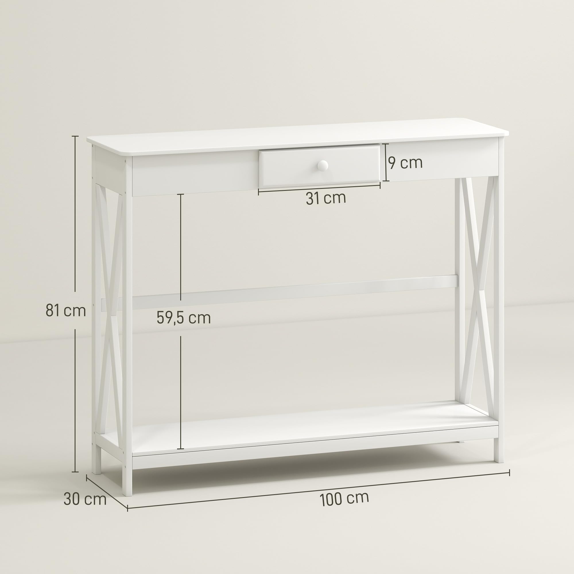 HOMCOM Table Console avec 1 Tiroir Table d'Entrée 100L x 30l x 81H cm Blanc | 1 Étagère, en Bois