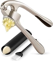 Premium Stainless Steel Garlic Press Set with Silicone Peeler & Brush - Rust Proof, Dishwasher Safe, Ergonomic Handle (Silver, Large)