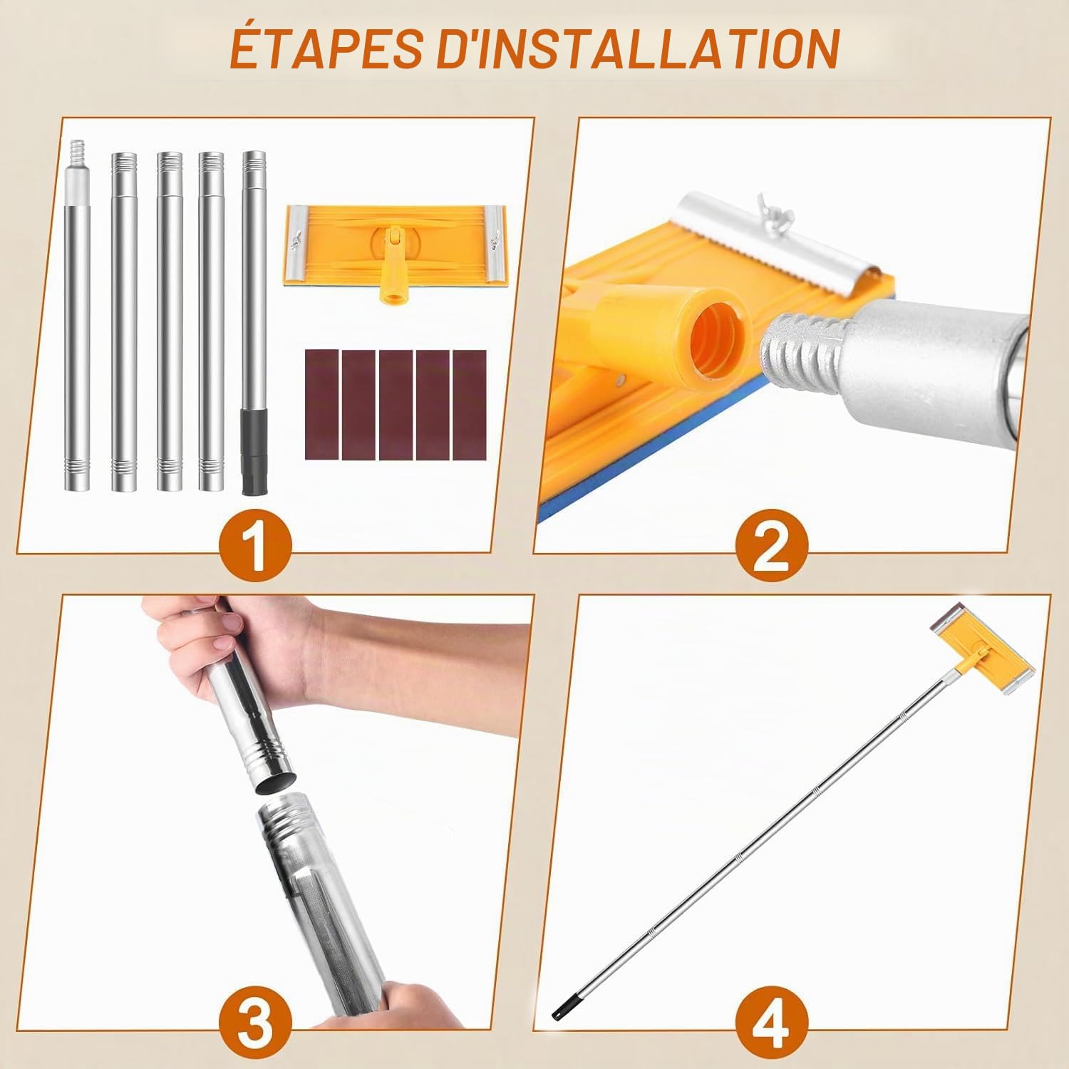 Ponceuse à perche pour cloison sèche, ponceuse murale sèche de 190 cm avec tige d'extension et 5 pièces de papier abrasif à 360 degrés pour sols, murs, plafonds