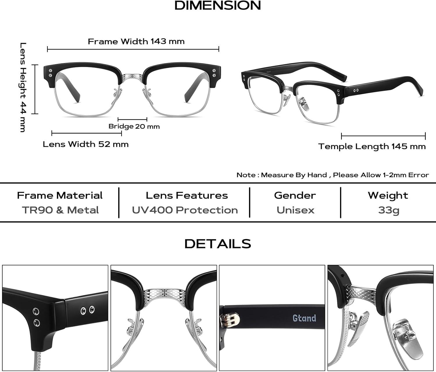 Gtand Vintage Retro Rectangle TR90 Frame Sunglasses For Men Women Fashion Semi-Rimless Metal Sun Glasses Eyewear - Image 5