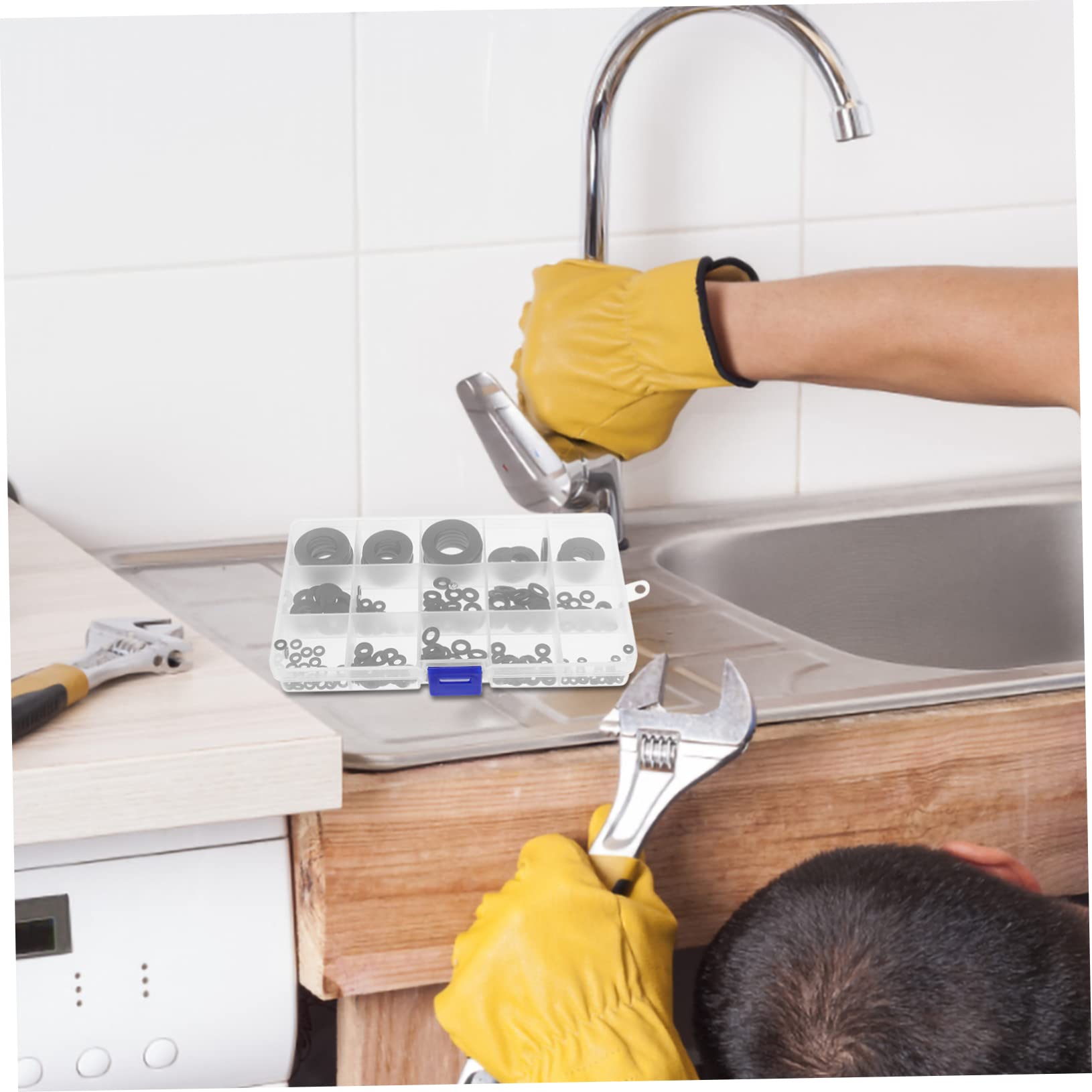 Guarnizioni Rubinetto 215pezzi in Plastico Nero, Rondelle Piatte e Beveled per Lavello Bagno e Cucina, Riparazione Perdite