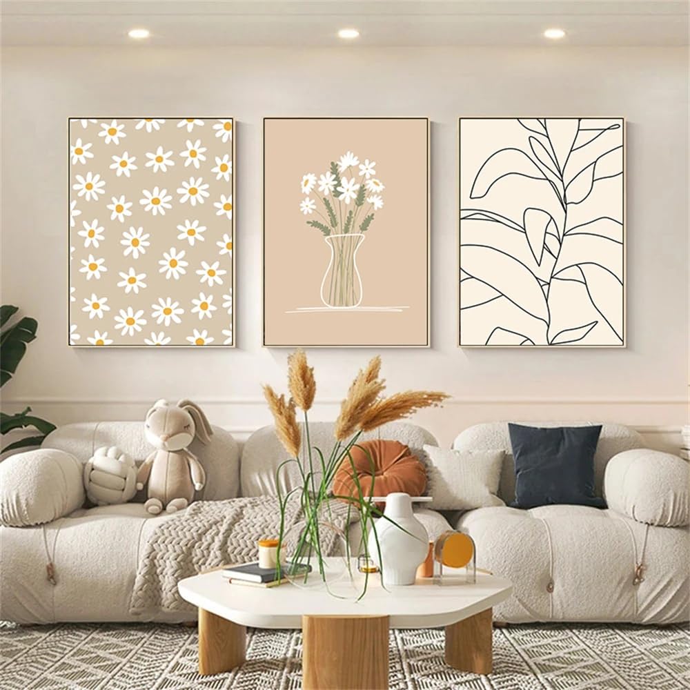 SOBMQ Pictures-Minimalist Line Daisy Flower Wall Canvas Painting Abstract Poster Print Art Picture For Living Room Bedroom Home Decoration-50 * 60cm-3PCS (No Frame)