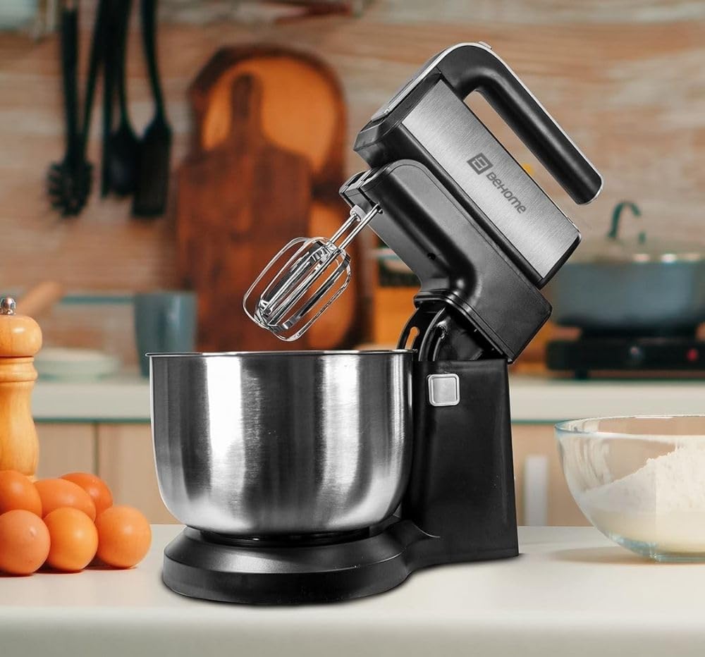 BEHOME Sbattitore Elettrico con Ciotola Rotante, fruste integrate in Acciaio Inox 3 litri, Luce Led 300W, 5 velocità regolabili, Frusta e gancio per impastare inclusi