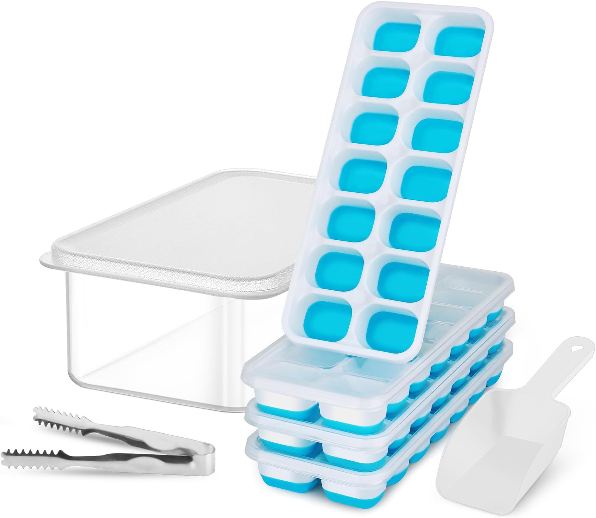 Ice Cube Tray with Lid and Bin, Jrisbo 4 Pack Silicone Ice Cube Trays for Freezer with Ice Container, Easy Release Stackable Ice Trays with Ice Tong, Ice Scoop for Cocktails, Baby Food, Beer