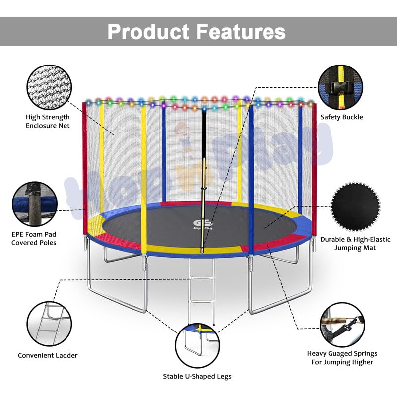 Image of Hop N Play Festive Edition 14 feet Heavy-Duty Jumping Trampoline for Adults & Kids with Safety Net, Remote-Control Waterproof LED Lights- Perfect for Indoor & Outdoor, Bouncer, Supports Upto 250kg