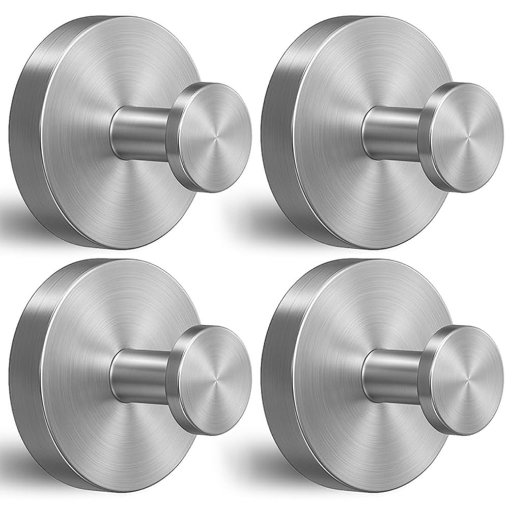 4-Pack Drill-Free Suction Cup Hooks, Stainless Steel Strong Vacuum Hooks for Bathroom Shower, Waterproof No Trace Towel Hangers, Only for Smooth Flat Surfaces (Brushed Silver)