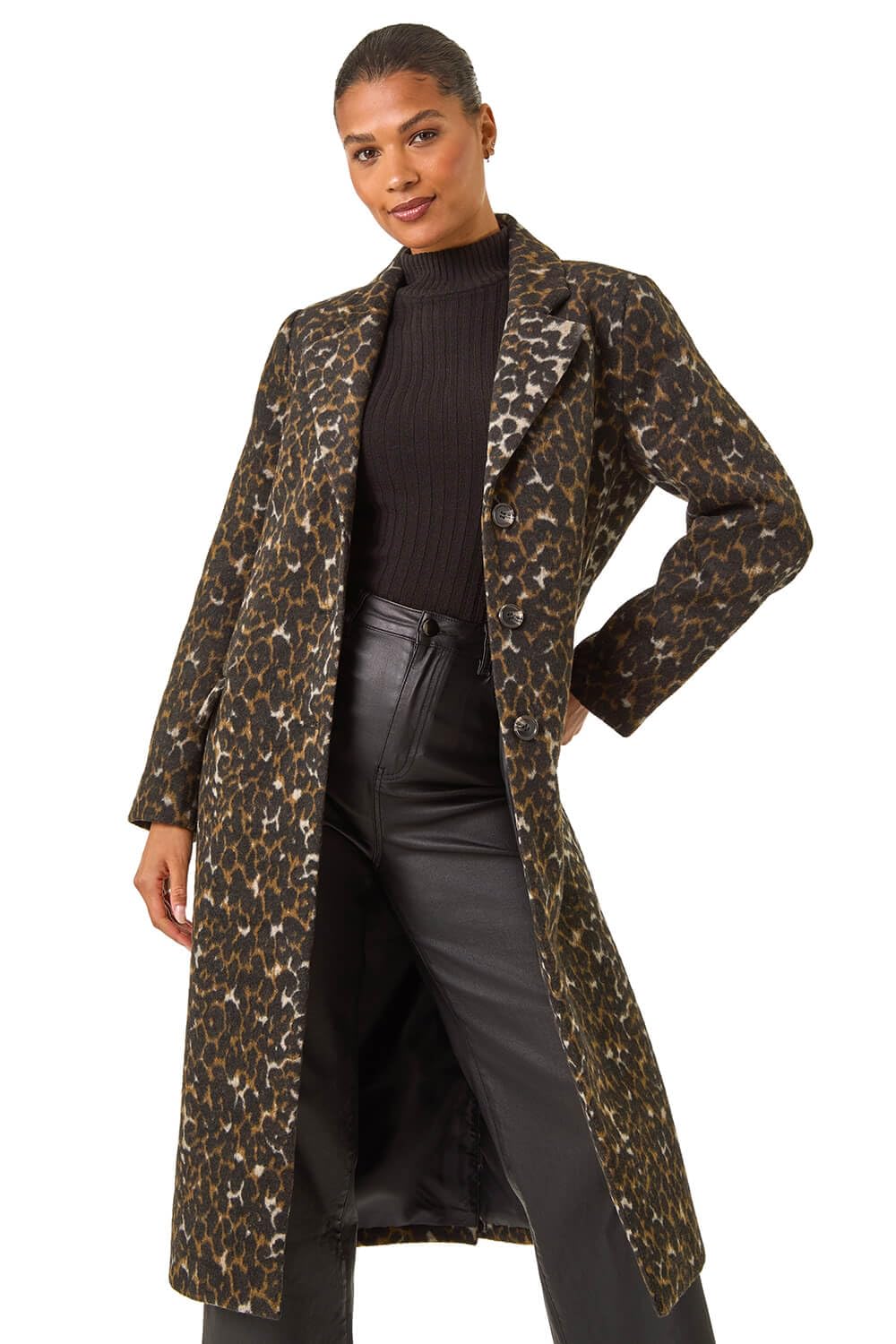 Roman Originals Animal Print Formal Pocket Coat for Women UK - Ladies Everyday Autumn Winter Collar & Revere Comfy Soft Evening Vacation Work Party Night Out - Brown - Size 10