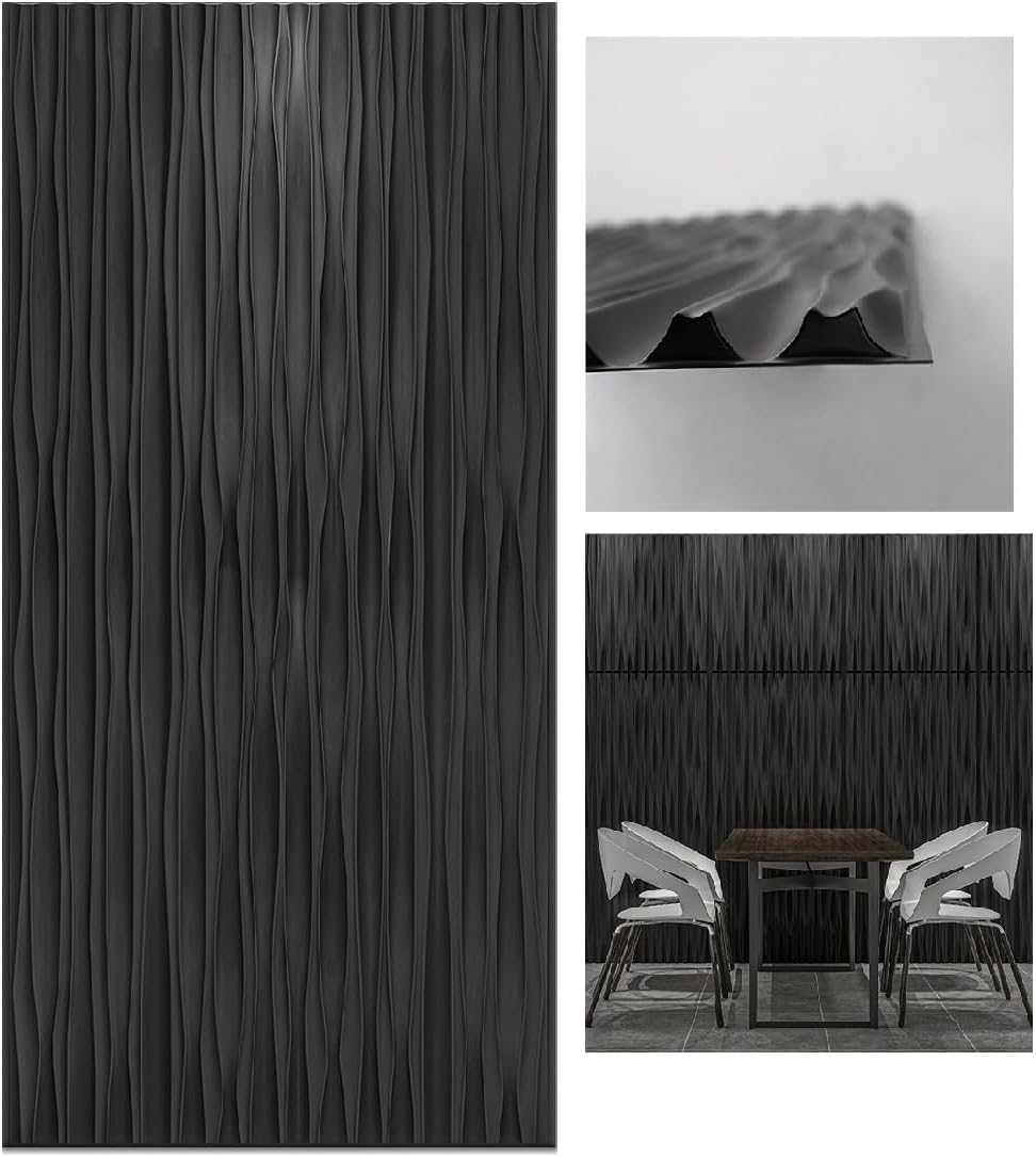 Art3d 46.2 SF Large 3D Wall Panels for Interior Décor, PVC Textured Wavy Wall Panels for Living Room, Bedroom and Office, Pack of 6 (47.2"×23.6"), Black Rectangle Black 47.2"×23.6" 6pcs