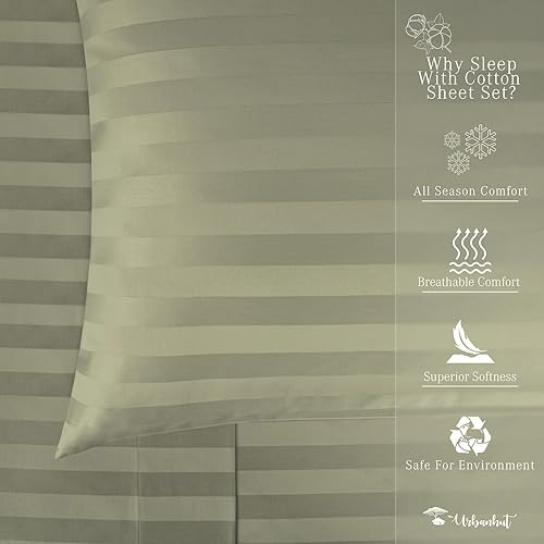 Miniatura 6 de URBANHUT Sábanas de algodón egipcio de 1000 hilos a rayas de damasco tamaño King, fibra larga, suaves y transpirables, juegos de sábanas de 4