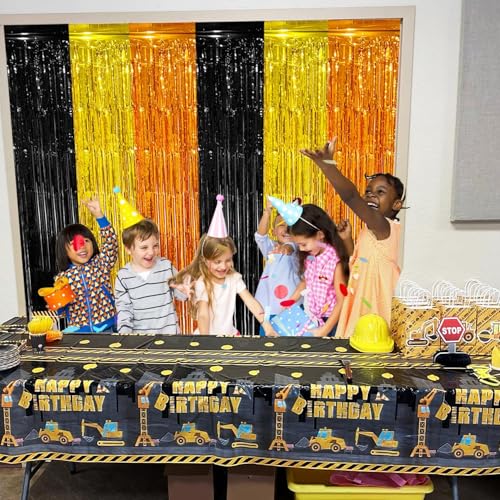 Image of 2 Pack Construction Foil Fringe Curtains Backdrop Birthday Party Decorations Supplies, 3.28 x 6.56 Ft Yellow Orange Black Tinsel Streamer Photo Booth Props for Truck Party Decor Favors