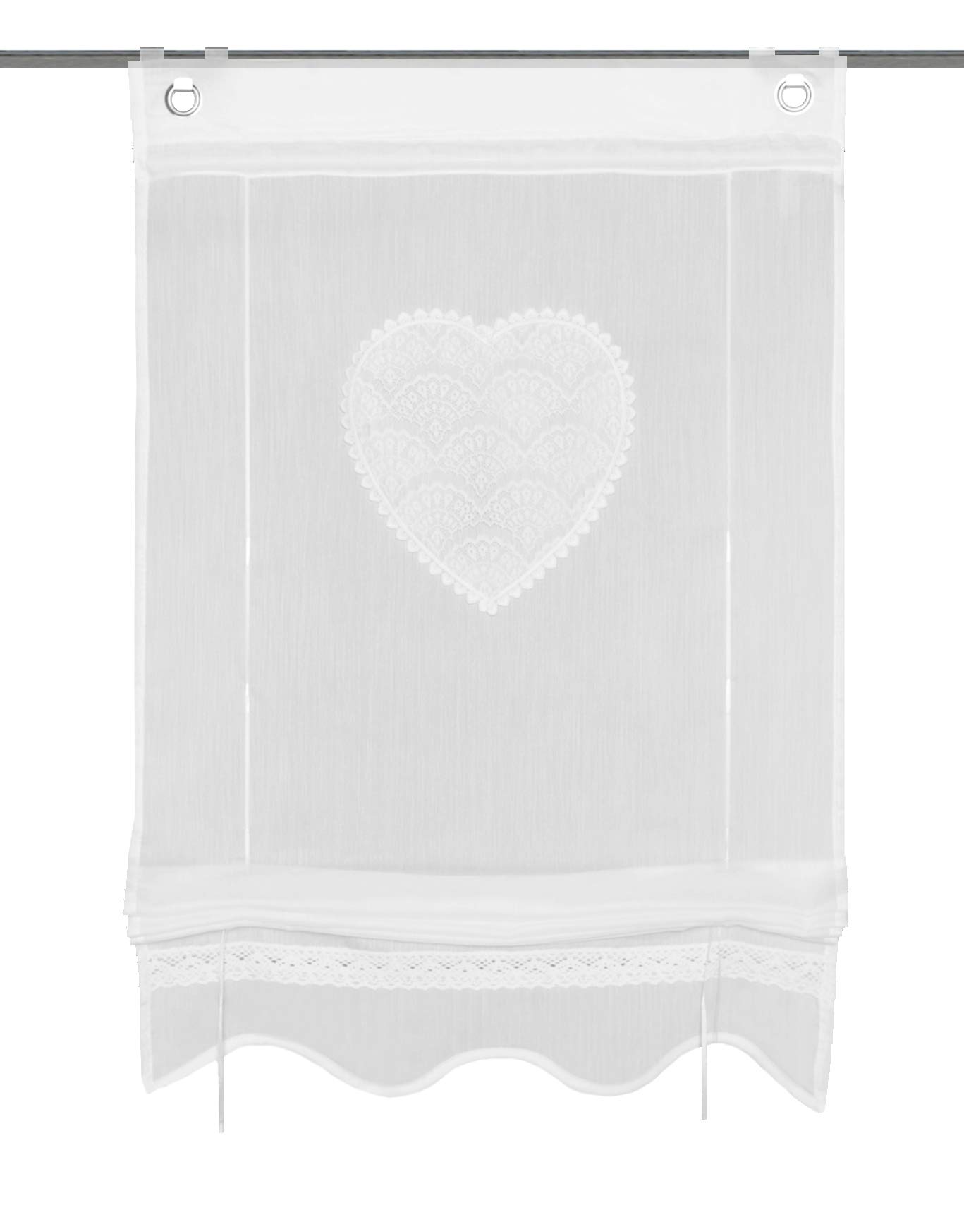 HOME WOHNIDEEN 91417 Corazon Roller Blind with Eyelets and Hooks Made of Batiste Embroidered and Lace with Bottom Cover White Dimensions (H x W) 130 x 45 cm