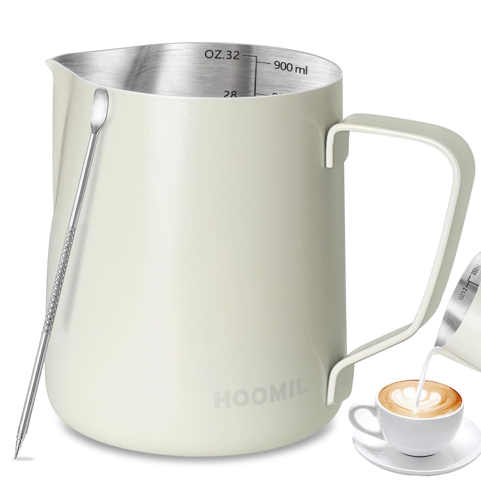 HOOMIL Milk Frothing Pitcher, 32oz, 304 Stainless Steel - Matte White