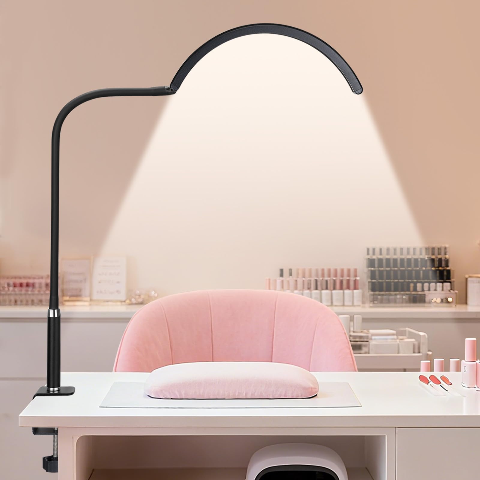 Professional Half Moon LED Desk Light for Nail Techs & Artists – Flexible Gooseneck Lamp with Clamp, 5 Color Modes & 5 Brightness Levels for Manicure, Tattoo, Beauty Work-image-47