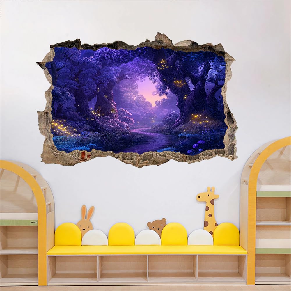 Sticker Mural 3D Amovible Arbre De La Forêt Vue Nocturne Décoration Murale Plancher Plafond Brisé Décalque Art Décoration Violet Pour Salle De Bain Chambre Salon Salle De Jeux Murale