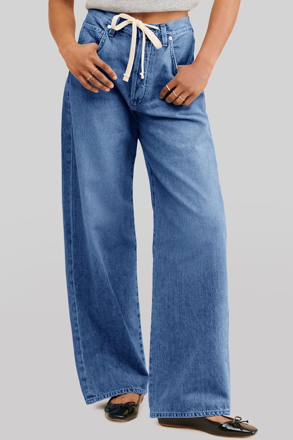 Cicy Bell Womens Wide Leg Jeans Drawstring High Waisted Baggy Straight Leg Jeans Trendy Boyfriends Denim Pants with Pockets