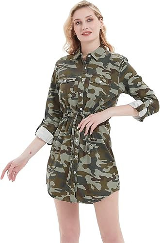 Miniatura 3 de Anna-Kaci Vestido de camisa de mezclilla para mujer, manga larga, lazos en la cintura, casual, corto, Chambray Denim