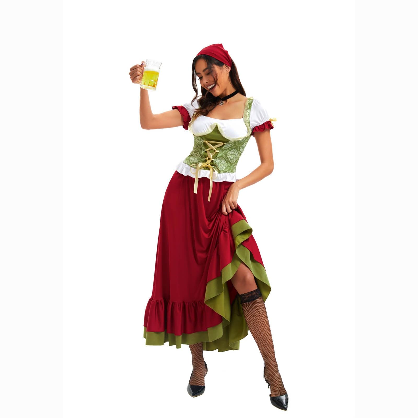 Dirndl Rot Damen Lang Dirndl Kleid Kurzarm Dirndlbluse,Schleife,Haarreif,Gürtel 5 Teilig Dirndl-Komplettsets Trachten Trachtenrock Trachtenkleid Festliches Wiesn Outfit Für Oktoberfest Karneval