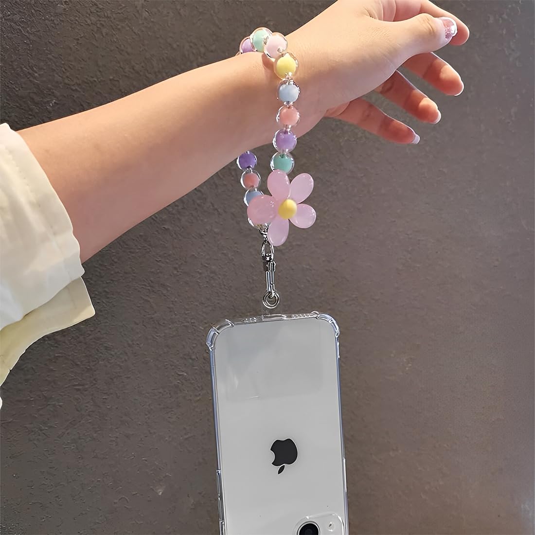Chaîne de téléphone portable courte avec fleurs, bracelet porte-clés, lanière, perles pour téléphone portable, compatible avec tous les téléphones portables, cordon universel pour téléphone