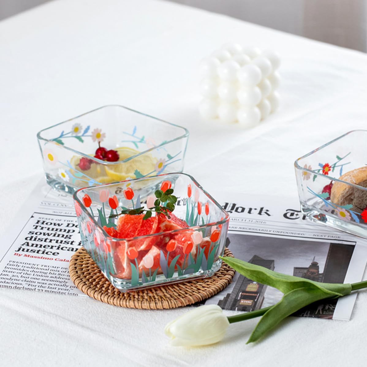 4 Piezas Cuenco de Vidrio Cuadrado Estilo Tulipán, Tazón de Postre Transparente para Snacks y Ensalada, Diseño Chic, Uso en Cocina y Restaurante