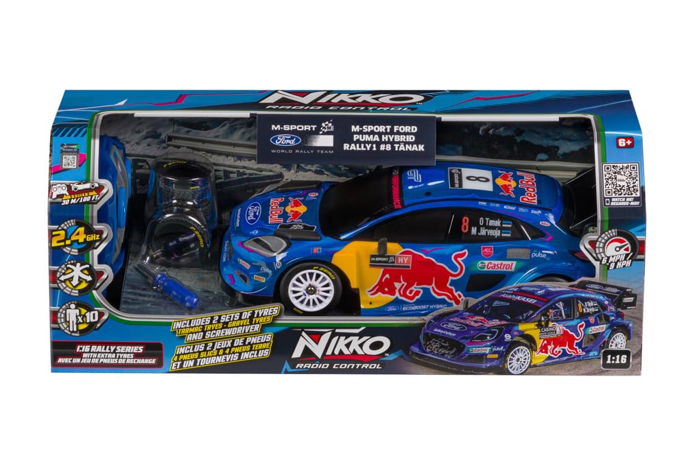 Nikko RC 10403 Red Bull M-Sport Ford Puma #8 Tänak 28 cm, realistyczne detale z dodatkowym zestawem opon i śrubokrętów, zdalnie sterowany 2,4 GHz, zasięg 30 m, od 6 lat, niebieski