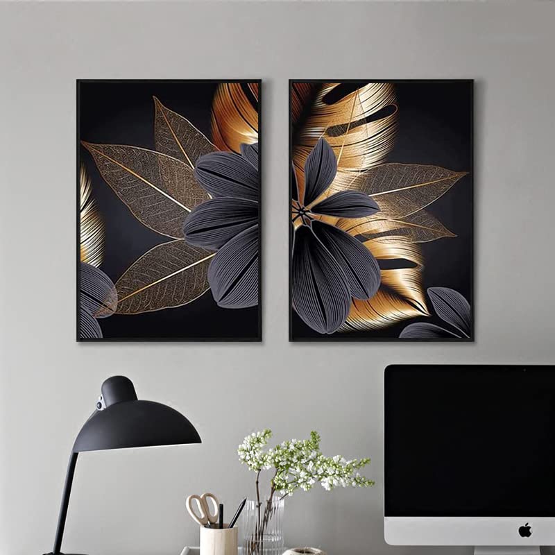 Canvas Painting, Black and Gold Plant Leaves, Design Poster Set, 3-Piece Set, Background Wall Art Mural Printing Picture - Image 2