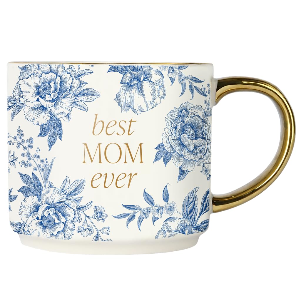 Sweet Water Decor Best Mom Ever Mug in blue delft floral design with gold handle
