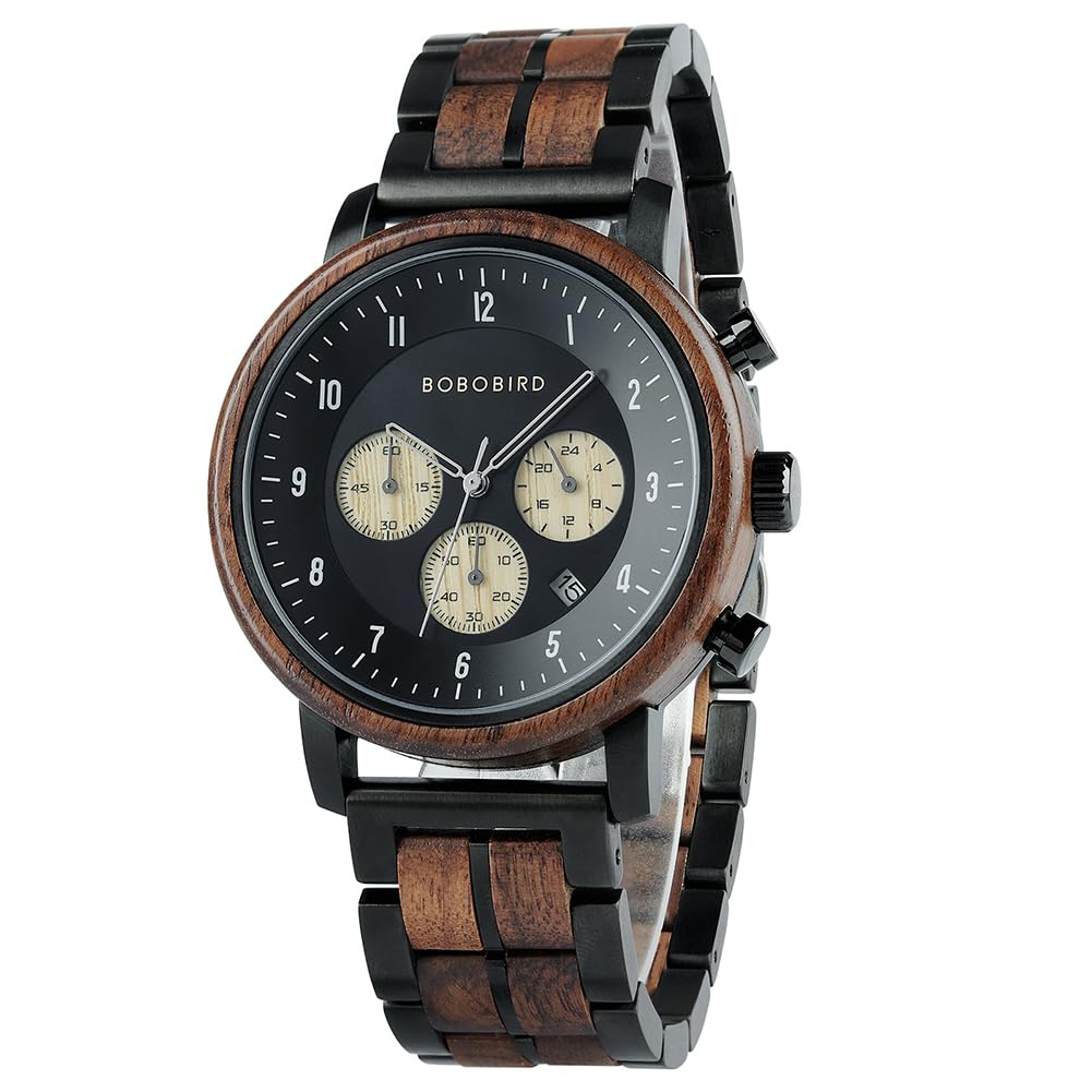 2win Wooden Watch for Men Luxury Chronograph Military Quartz Wrist Watch 3 Sub-dials Date Display Stylish Natural Watch, Black, Casual (B0CN17Q7PH) Amazon Price History, Amazon Price Tracker