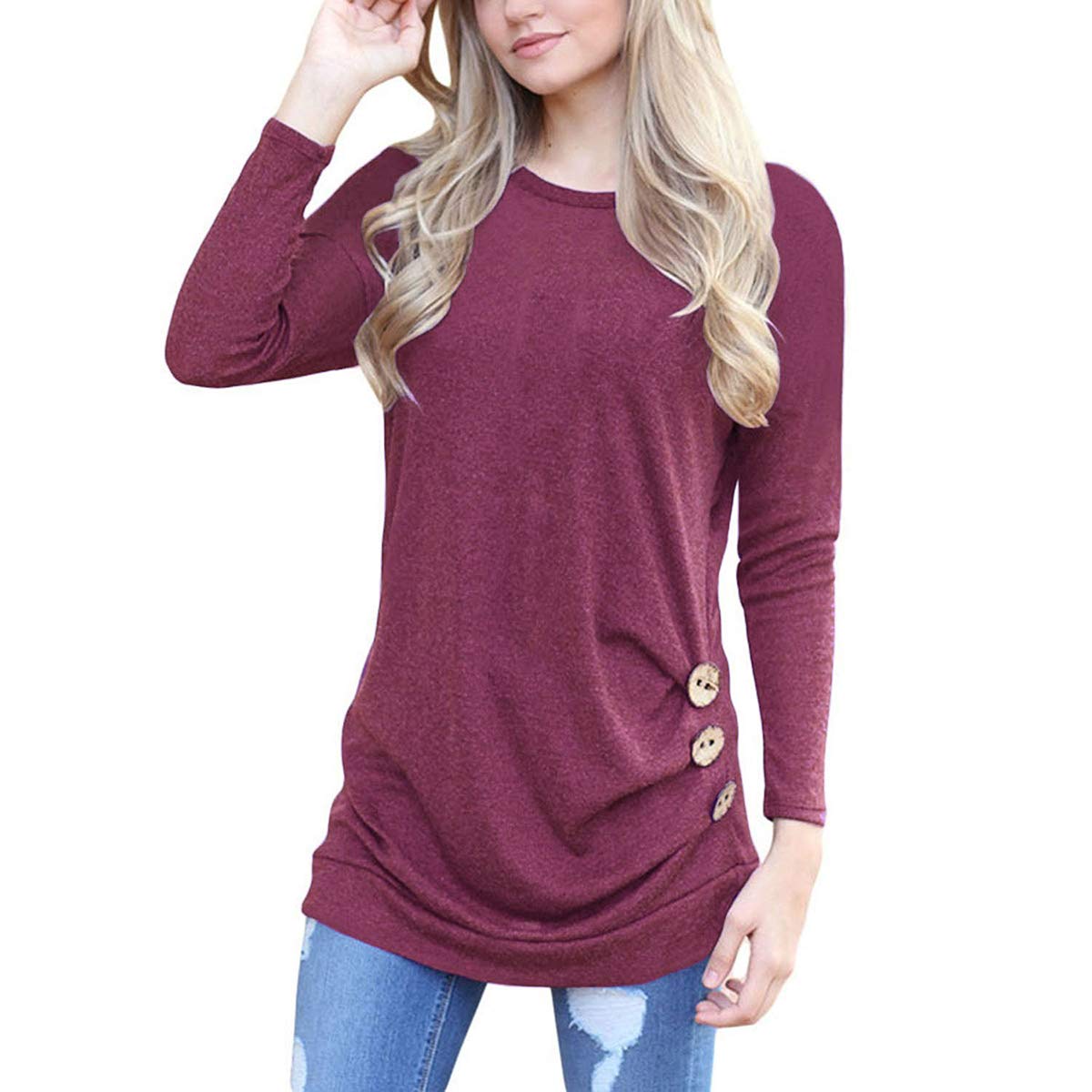 Blostirno Women's Casual Long Sleeve Round Neck Loose Tunic Top T-Shirt Side Pleated Blouse Shirt