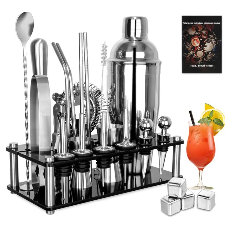 Accesorios De Bar, Kitchen DOBEVI 25 Piezas Cocktail Bartender Kit, Coctelera Profesional Utensilios de Bar, Cocteleras de Cóctel 750 ml, con Soporte de acrílico para Mezclar Bebidas,...
