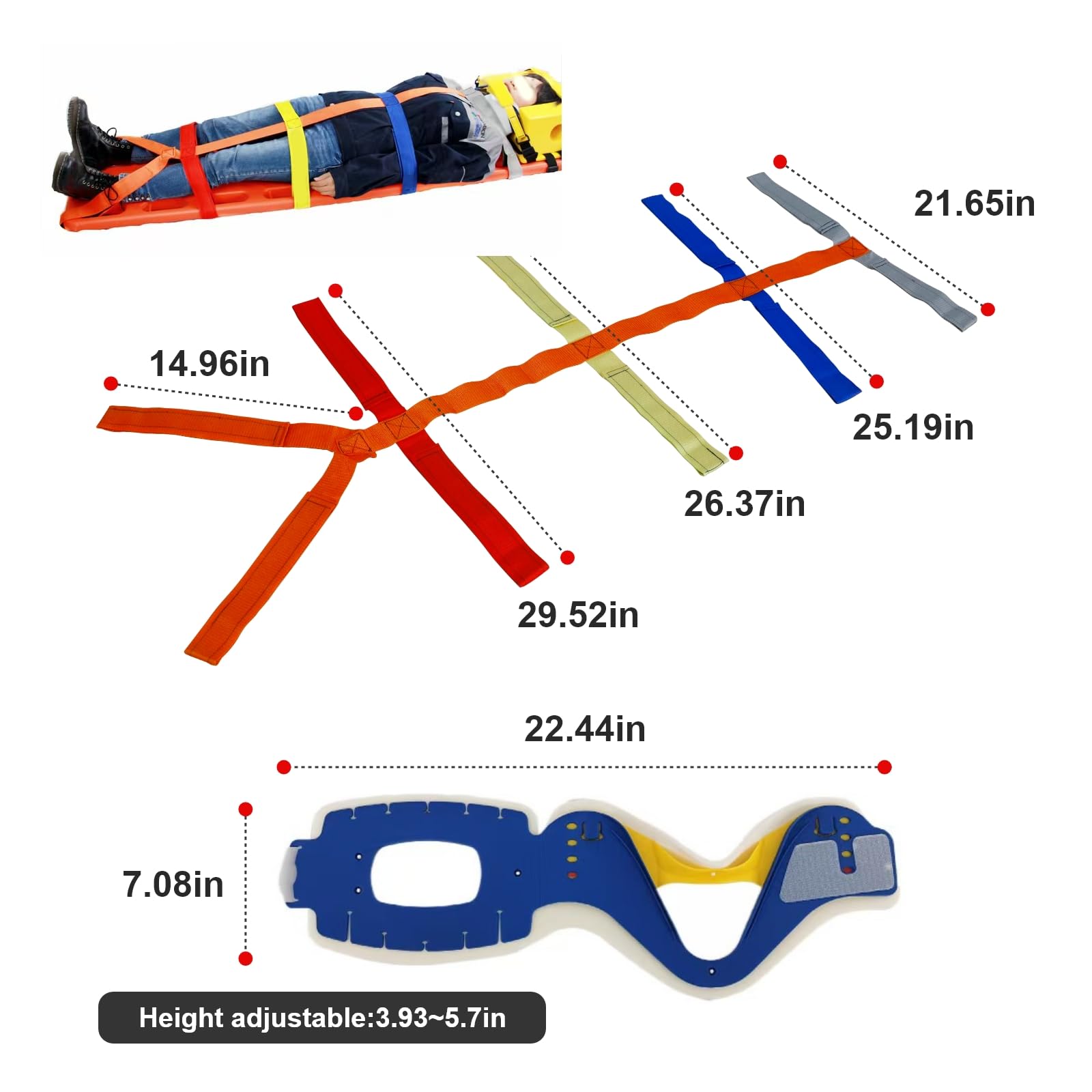 Notfall-Falttrage-Set mit Spineboard, Kopfstütze, Nackenstütze, Spinnengurten, orangefarbene, 2-Fach Faltbare, wasserschwimmende PE-Trage für Ersthelfer und Rettungsdienste (2-Fach faltbar)