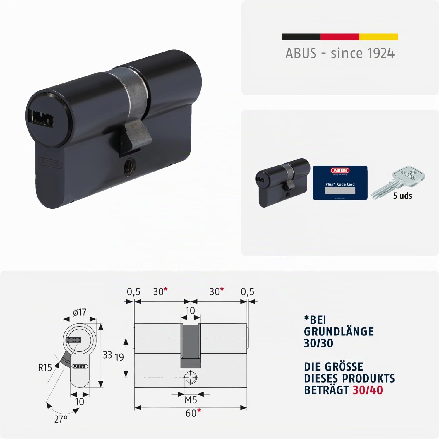 ABUS Cilindro de perfil D6XBL 30/40 con tarjeta de código y 5 llaves, color negro