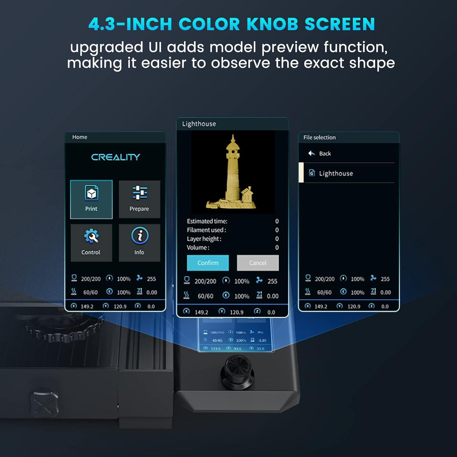 Screenshots of the 4.3-inch color knob screen UI showing print, prepare, control, info, and model preview functions