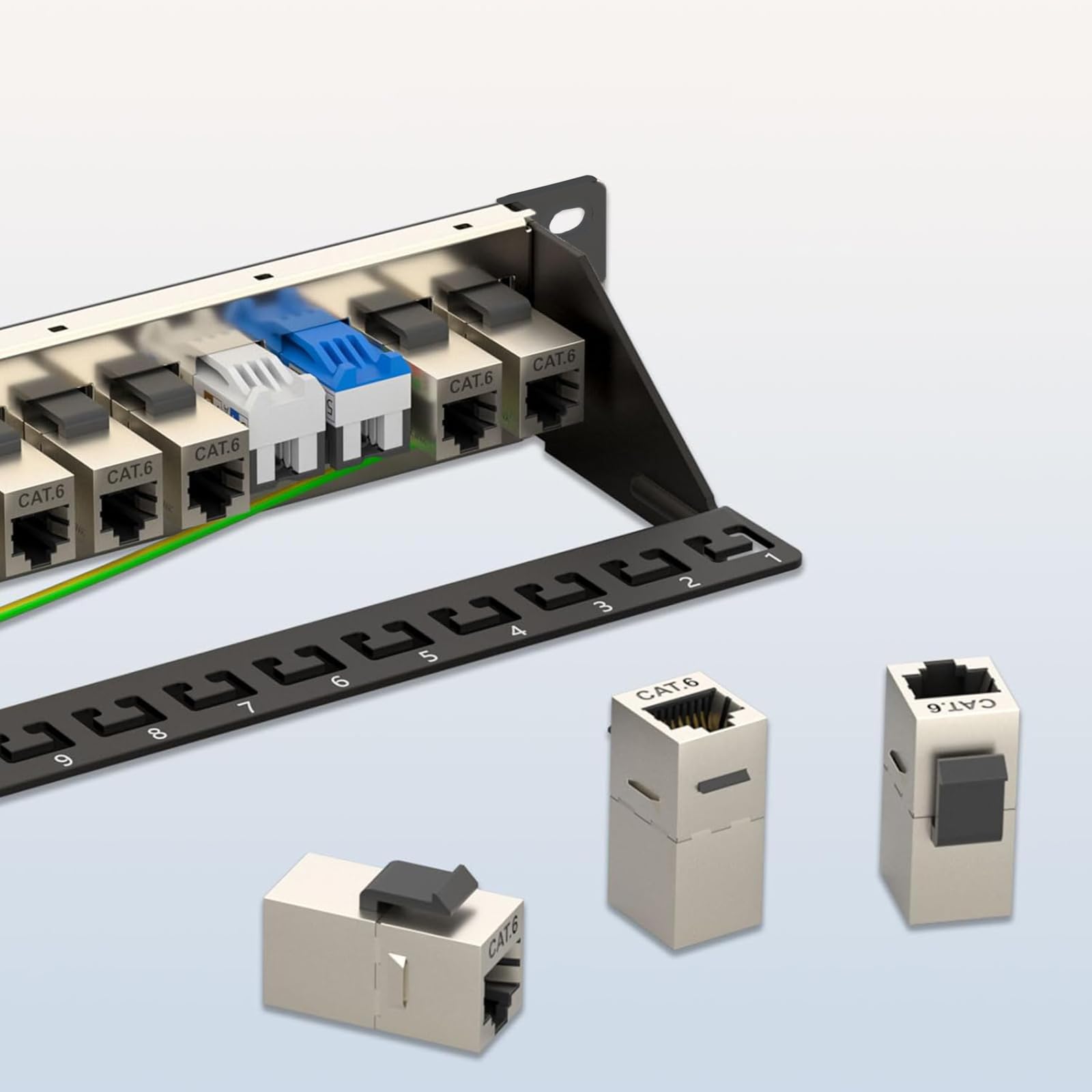 Panel De ConexióN De Red, 1U, 24 Puertos Y Acoplador Keystone Blindado Rj45 Cat6, Para Montaje En Rack De 19" O Pared Con Barra Trasera, Para Conmutador De Red Gigabit (MóDulo De Paso Blindado)