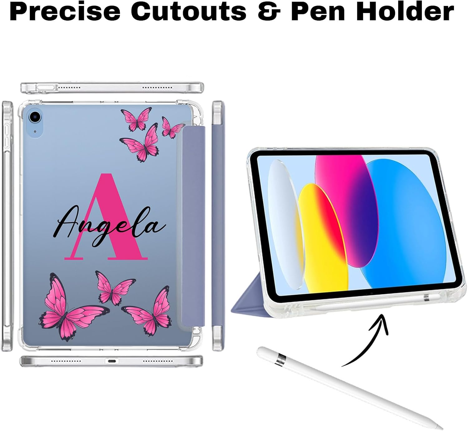 Name Case Fit for Apple iPad Air 13 inch (M3/M2-2025/2024) with Pencil Holder, Slim Stand Protective Cover with Clear Transparent Back Shell Initial Butterfly Monogram, Auto Wake/Sleep, Purple
