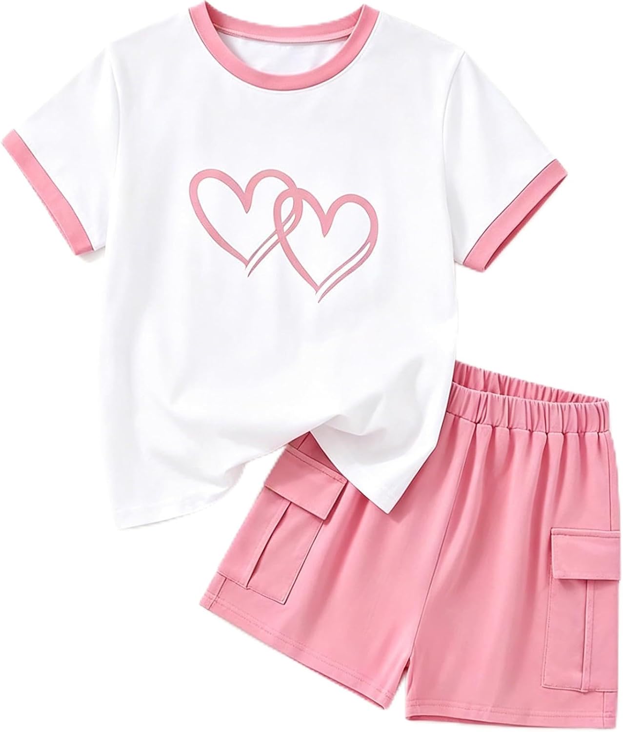 2 Pieces Girl Clothes Summer, Cute Heart Print Tops & Shorts Sets with Pockets for Kid 7-14 Years