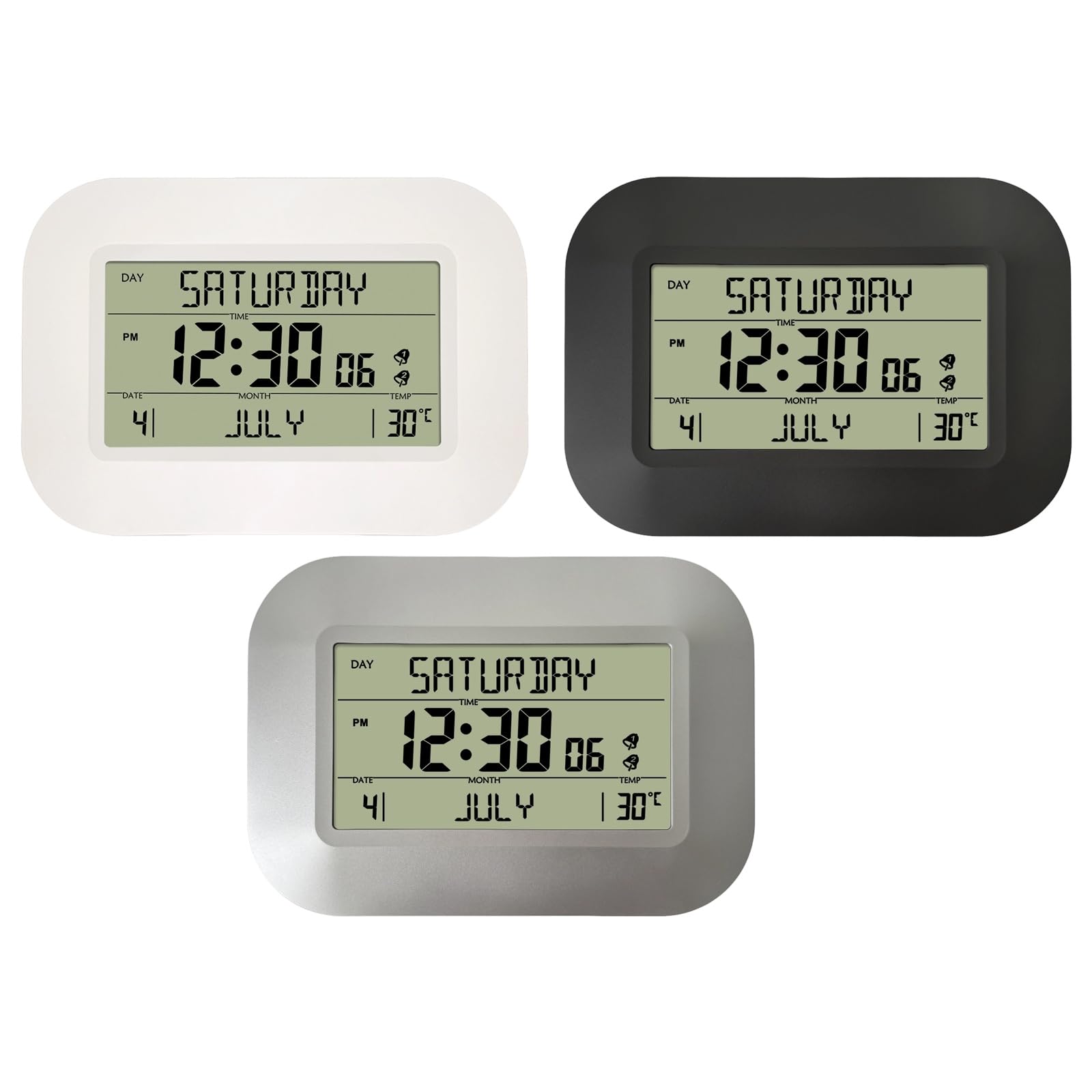 Greabuy Reloj digital contemporáneo con calendario y pantalla de temperatura, 2 alarmas, función de repetición, pantalla LCD, reloj despertador con calendario