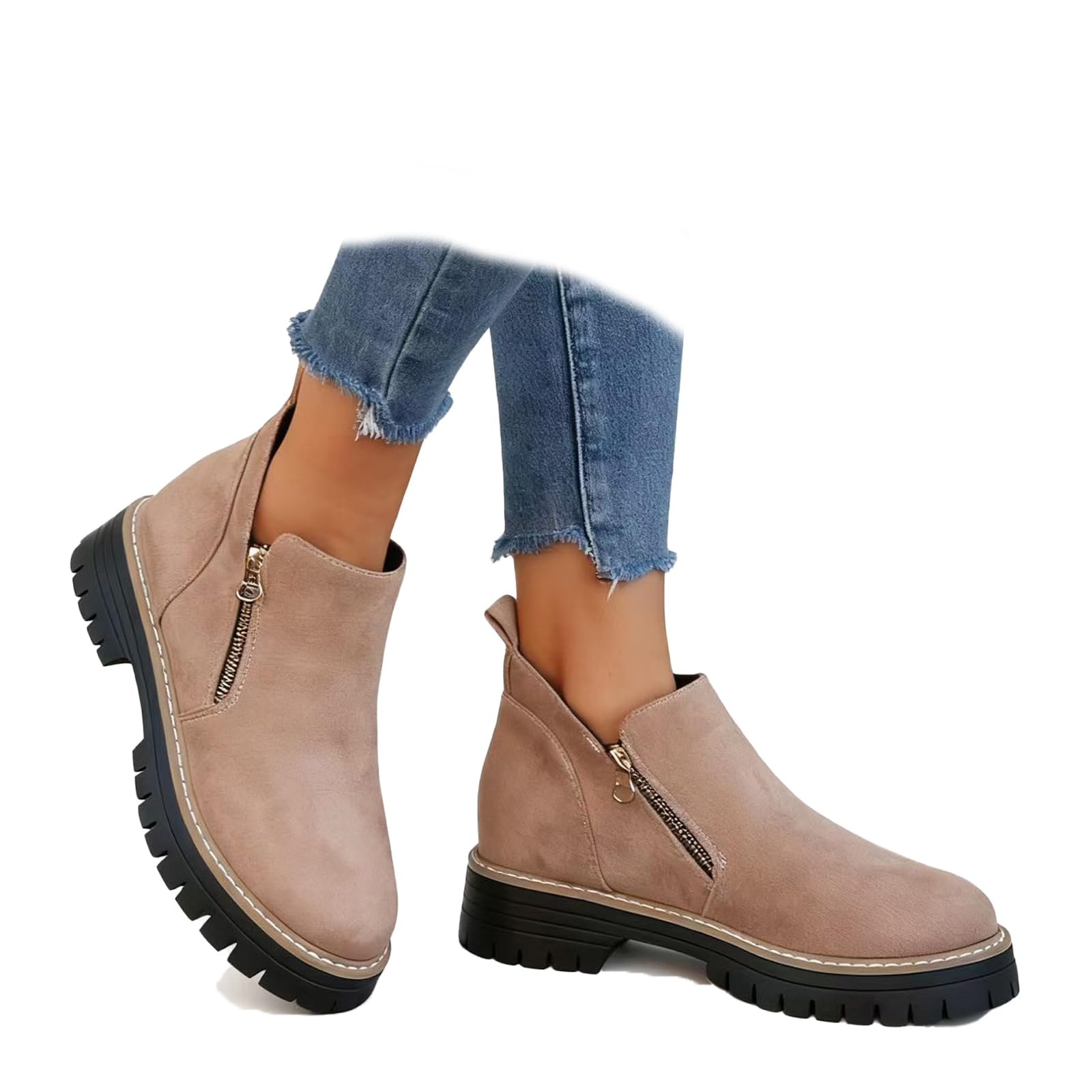 Womens Vintage Low Heel Casual Ankle Boots Fashion Pointed Toe Side Zipper Chunky Heels Platform Retro Leather Boots