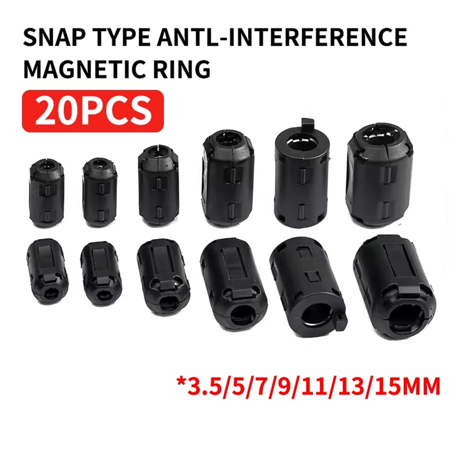 Filtro antirumore cavo EMI con perline di ferrite a scatto ID3.5/5/7/9/11/13/15mm 20 pezzi | Riduce le interferenze del segnale Design con blocco a scatto for cavi rotondi(5MM-ui1000)