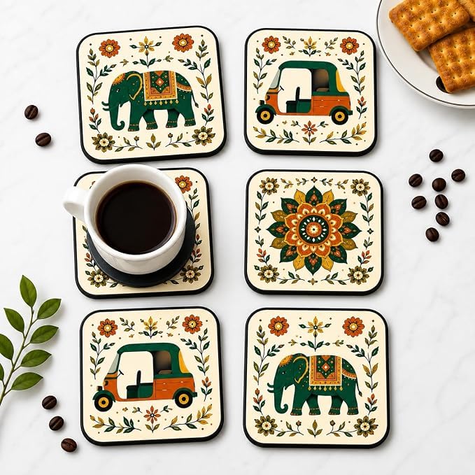 WRH Wooden Tea Coaster, Indian Folk Art Design, Square Shape, Multicolour, Set of 6 for Coffee Mugs & Glasses, Coasters for Dining Table for Hot Pots, Indian Gifts for Foreigners, Wooden Coasters-image-9