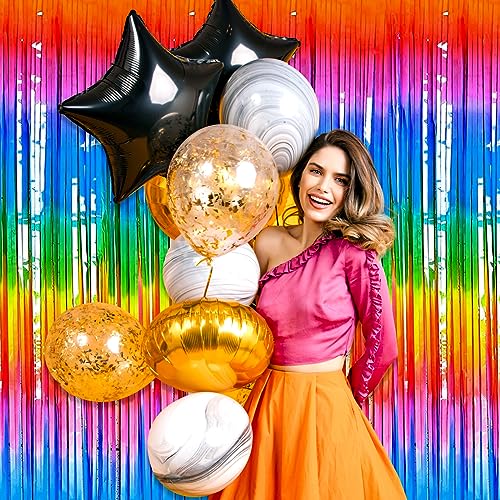 Image of 6 Pack Dark RainbowFoil Fringe Curtain Backdrop, 3.28Ft x 8.2Ft Metallic Tinsel Foil Fringe Streamer Curtains for Photo Booth, Christmas Day, Thanksgiving, Wedding, New Year Party Decorations