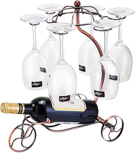 MISFOTY Soporte para copas de vino, almacenamiento 6 copas 1 botella, soportes de exhibición de botellas de vino de bicicleta de metal bronce