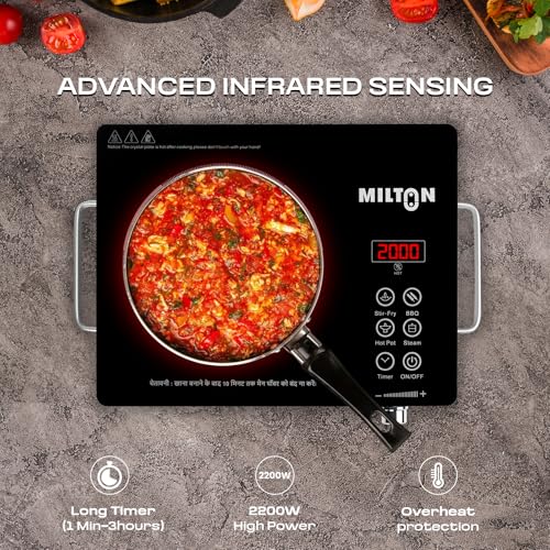 Image of MILTON Classic 2200 Watt Infrared Cooktop with Crystal Glass & Touch Panel | 4 Pre set cooking Modes | Stir-fry | BBQ | Hot Pot | Steam | 60C to 600C | Digital time & Watt display - Classic SIlver