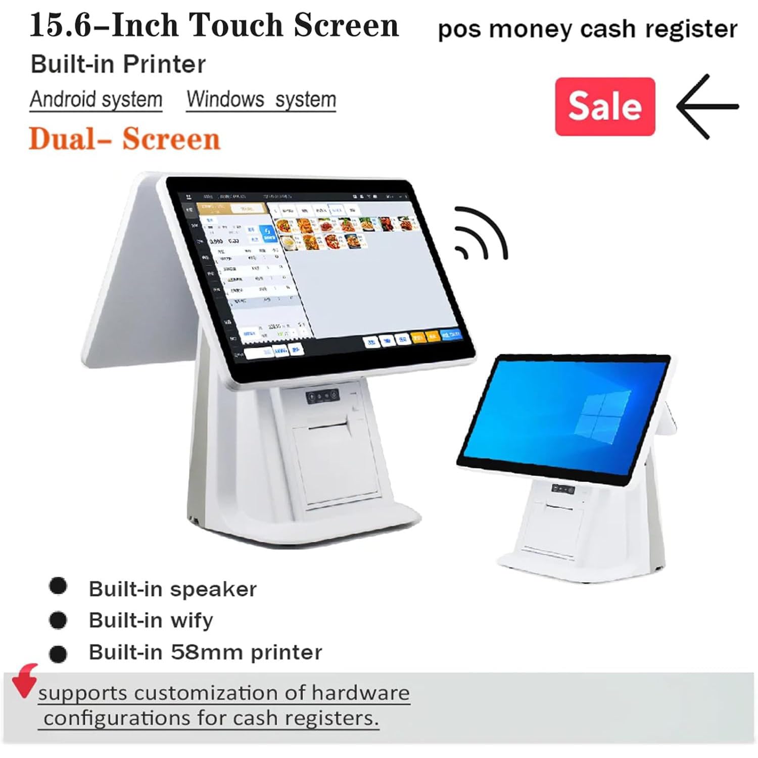 Qiang Caisse Enregistreuse Intelligente,Caisse Enregistreuse Pos avec 15.6" Double écran Tactile,Imprimante 58mm Intégrée,CPU I5,4 Go de RAM,SSD 64 Go,for Retail and Restaurant