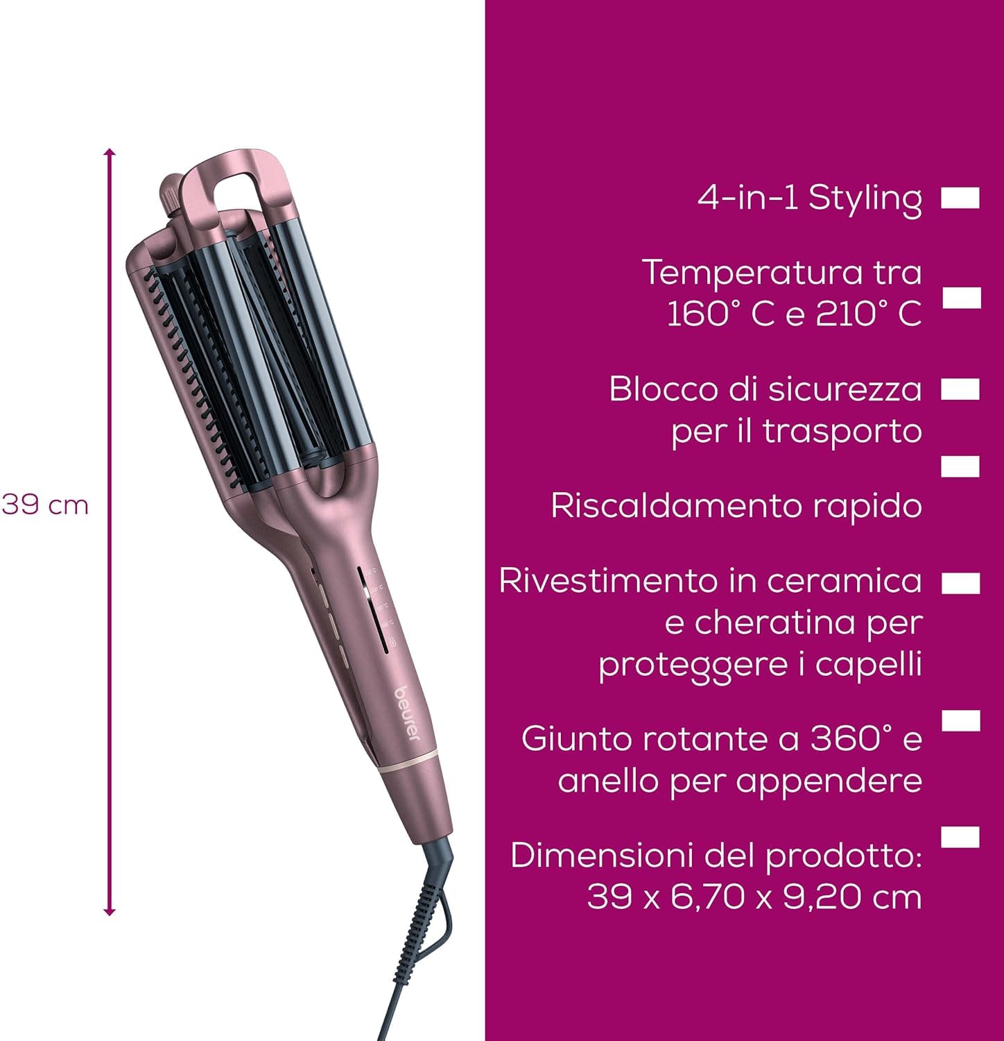 Beurer HT 65 Arricciacapelli 4 in 1, per Onde ai Capelli alla Moda in Quattro Diversi Look con un Unico Dispositivo, temperatura da 160-210°C, rivestimento cheratina ceramica, spegnimento automatico