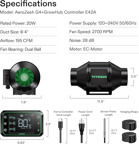 Miniatura 72 de VIVOSUN AeroZesh T4 Ventilador de conducto en línea, silencioso ventilador de escape de ventilación de 4 pulgadas 210 CFM con motor EC y controlador